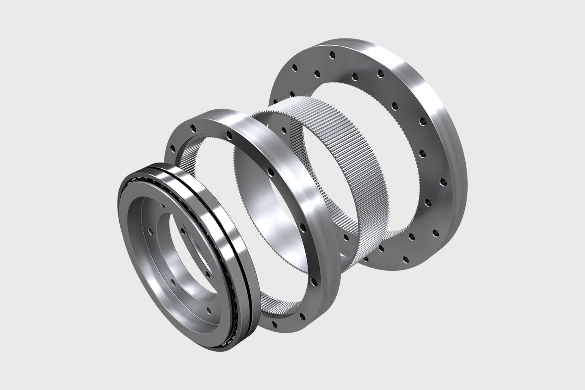 3D rendering of an exploded harmonic gear assembly on a light gray background