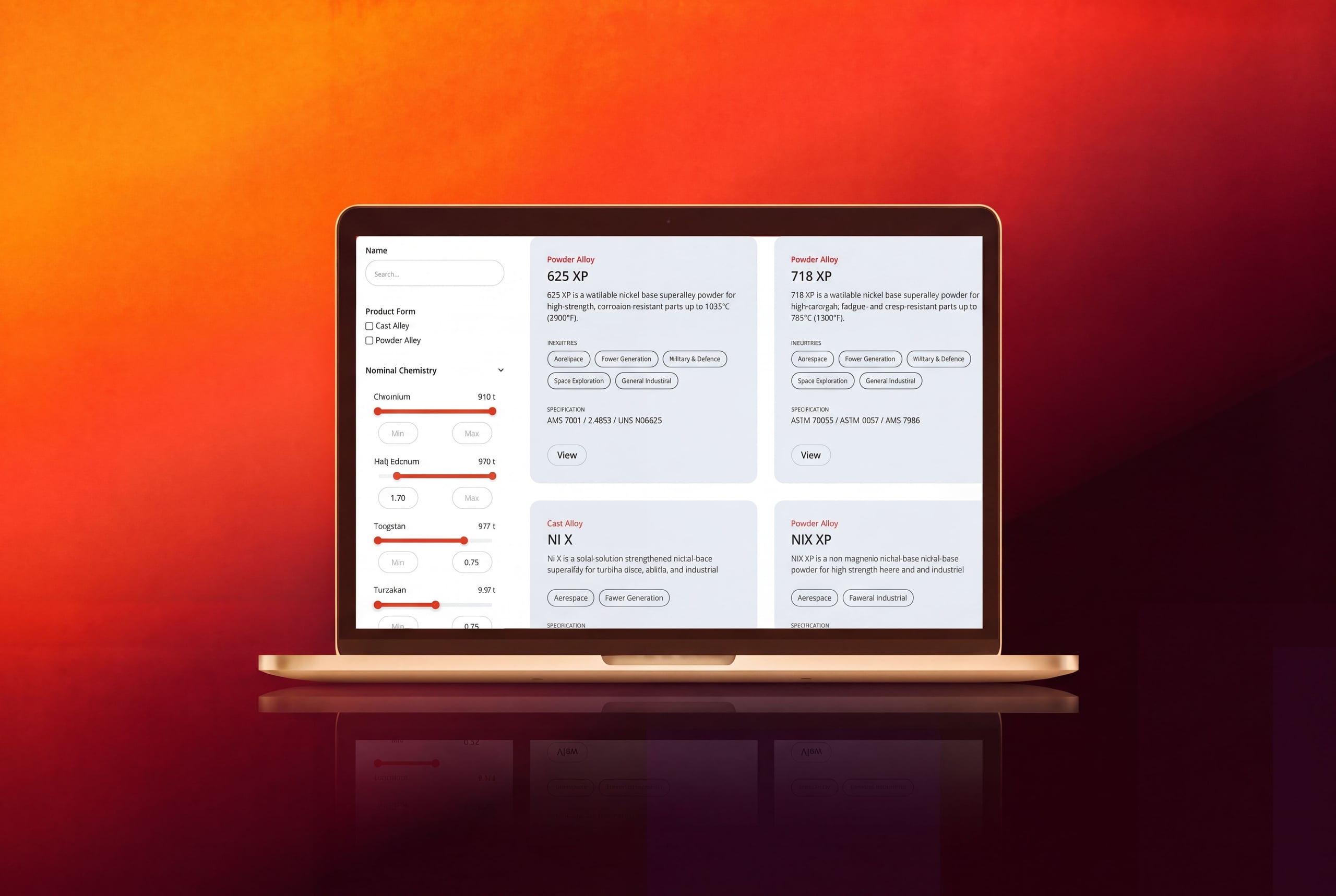 Laptop showing the filterable superalloy product catalog on the SEAH website