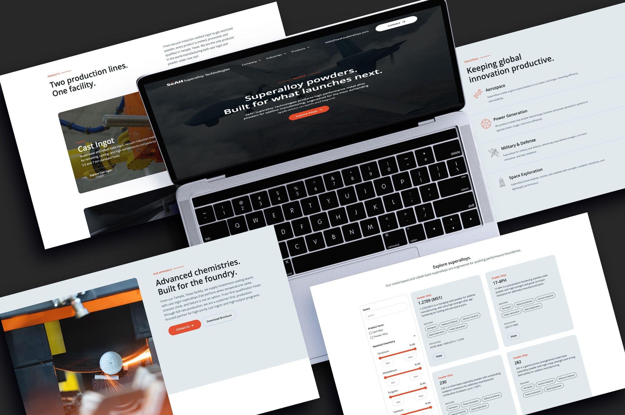 SEAH Superalloy Technologies website pages arranged around a laptop showing the homepage
