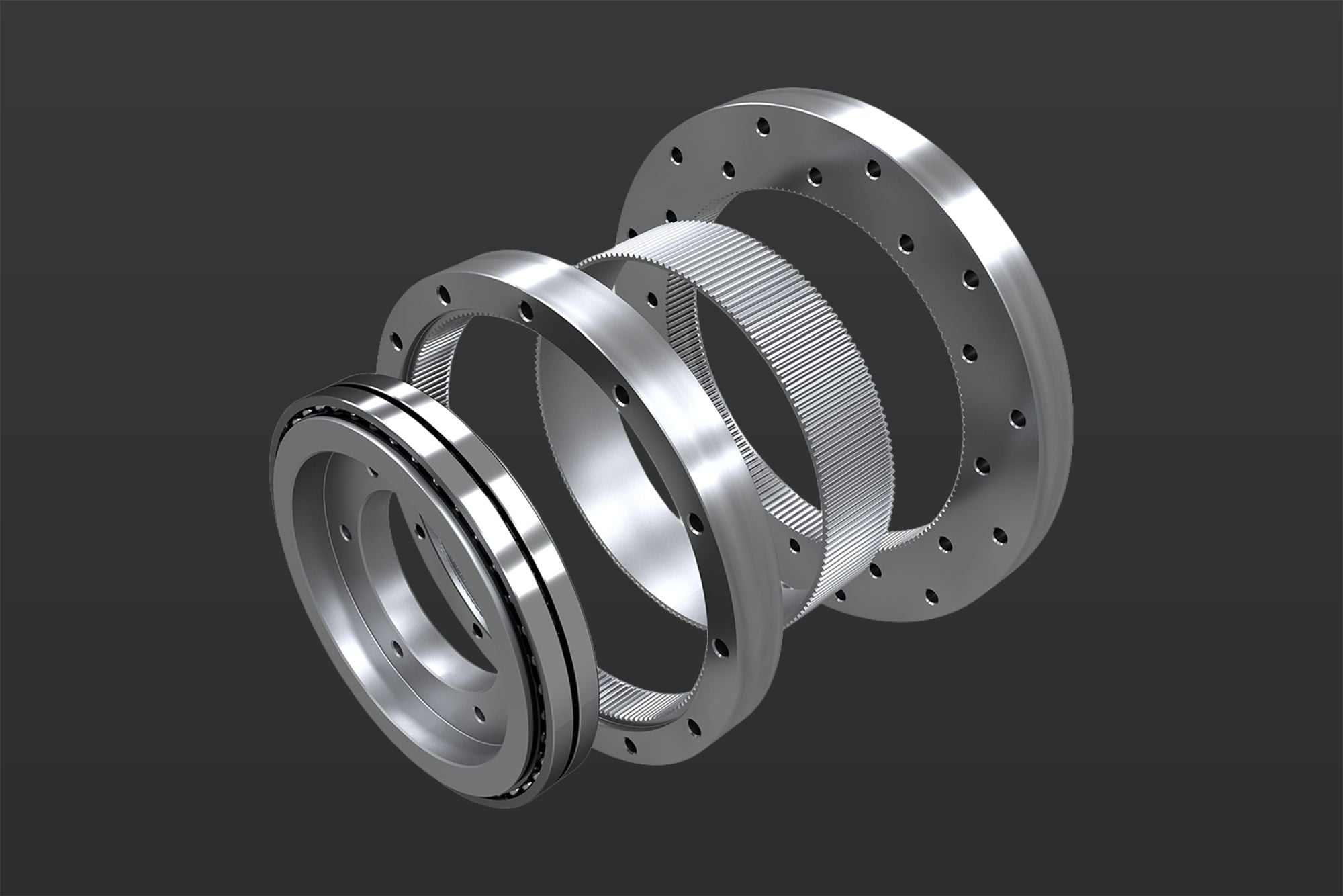 3D rendering of a harmonic gear assembly in exploded view on a dark background