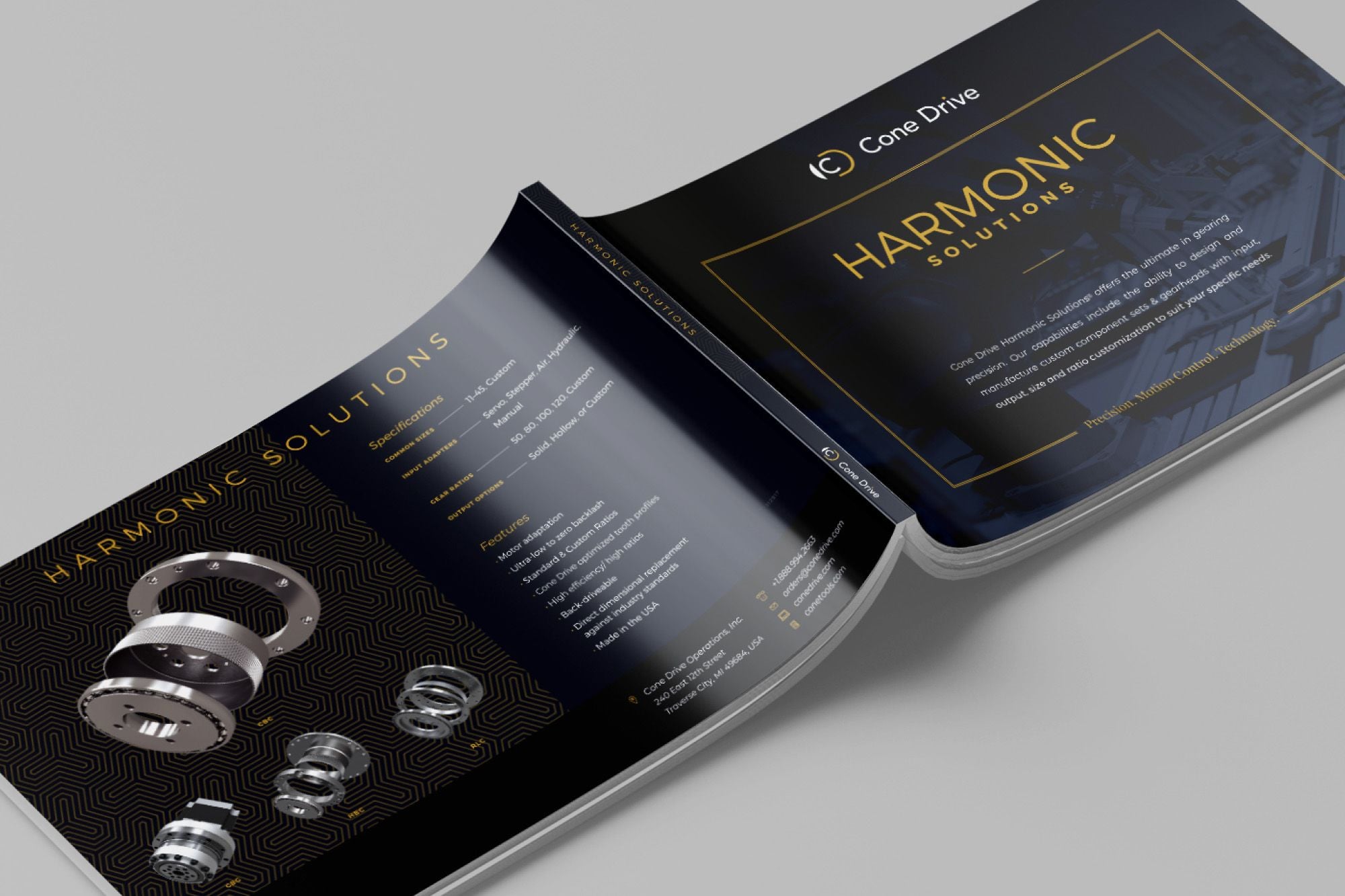Open Cone Drive Harmonic Solutions brochure featuring rendered gear components